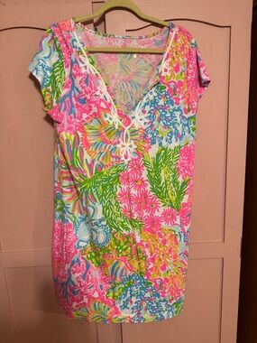 Lilly Pulitzer Bright Floral V-Neck Tunic Dress in Pink, Green & Blue